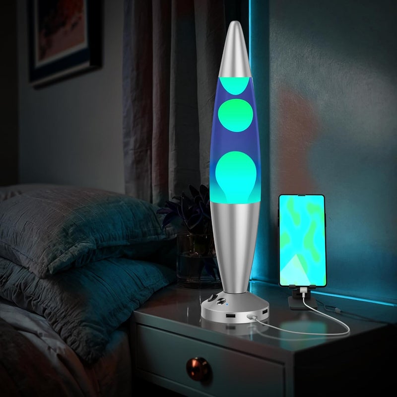 JAMBO 16-Inch Beautiful Lamp with Wax, Relaxing Night Light Home Decor, Extra Tall, Living Room Office Bedroom Lamp for Adults, Teens, Kids (USB, Auto Shut Off, Silver Base, Blue Liquid, Yellow Wax) - Image 4